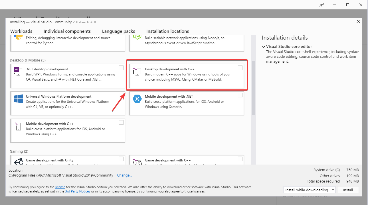 Captura de pantalla de la opción de herramientas de compilación de Visual Studio