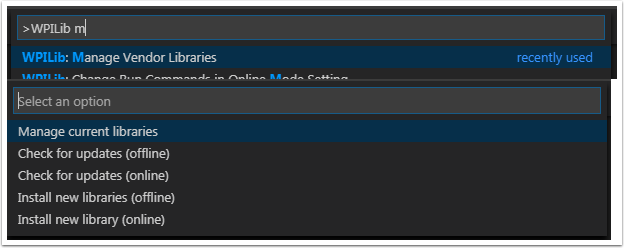 Utilisation de l’option Manage Vendor Libraries de la palette de commandes WPILib.
