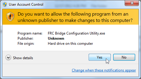 Boîte de dialogue User Account Control qui s’affiche lors de l’exécution de l’utilitaire de configuration.