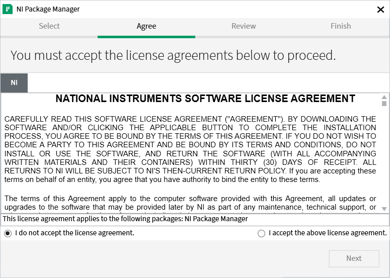Acceptation du contrat de licence de NI Package Manager.