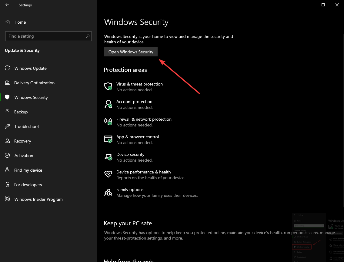 Cliquez sur le bouton "Open Windows Security" en haut du volet droit.