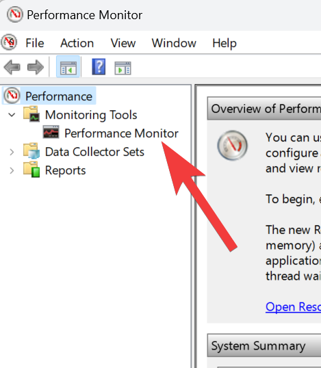 Cliquez sur "Performance Monitor" sous "Monitoring Tools" dans l’arborescence.