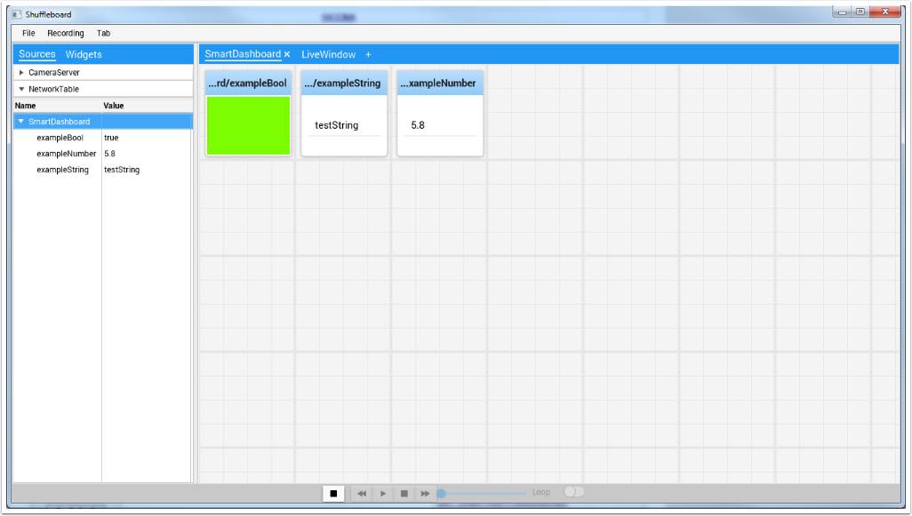 Shuffleboard avec 3 widgets ajoutés à partir de leurs entrées NetworkTables.