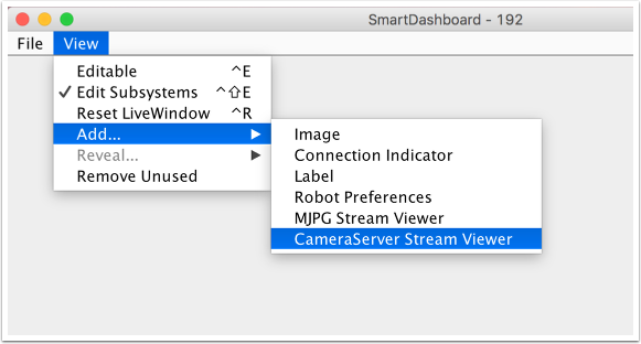 En allant dans View puis "Add..." puis "Add..." SmartDashboard ajoute un widget de visionneuse de flux.