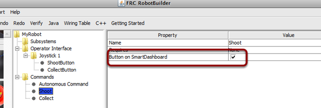 Pour créer un bouton dans Shuffleboard, assurez-vous que la case "Button on SmartDashboard" est cochée.