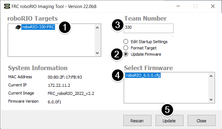 Numéros identifiant les différentes parties de l’écran principal de l’outil Imaging Tool pour permettre de changer de firmware.