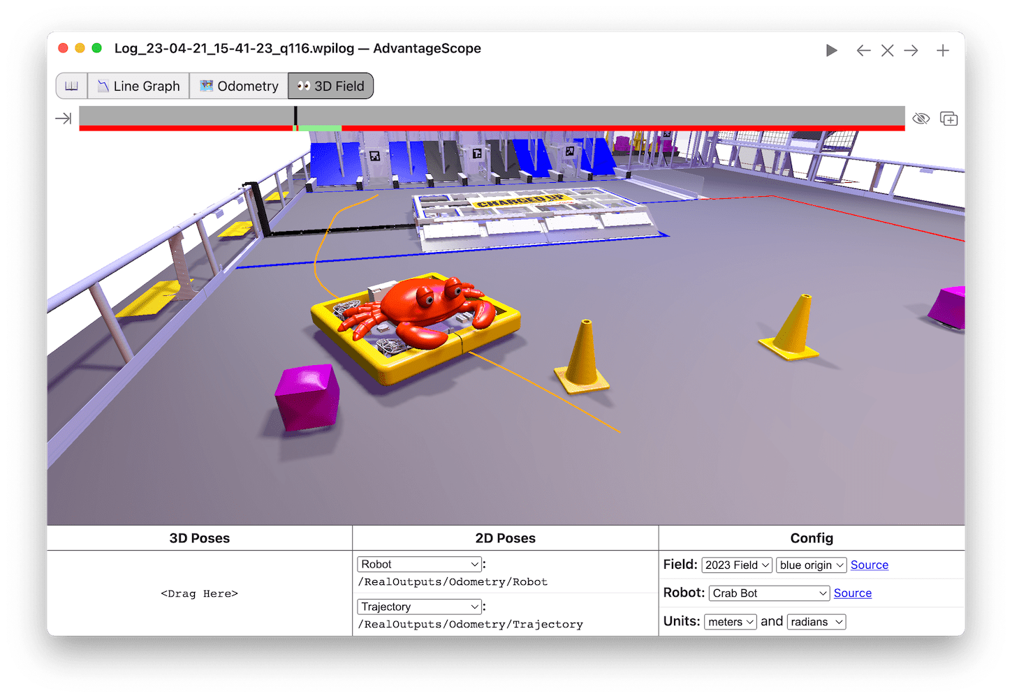 Screenshot of an AdvantageScope window displaying a robot and trajectory on a 3D field.
