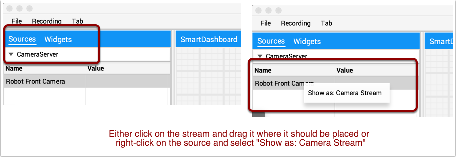 En cliquer avec le bouton droit de la souris sur l’appareil photo puis choisir l'option "Show as: Camera Stream" est une autre façon d’ajouter le widget de l’appareil photo.