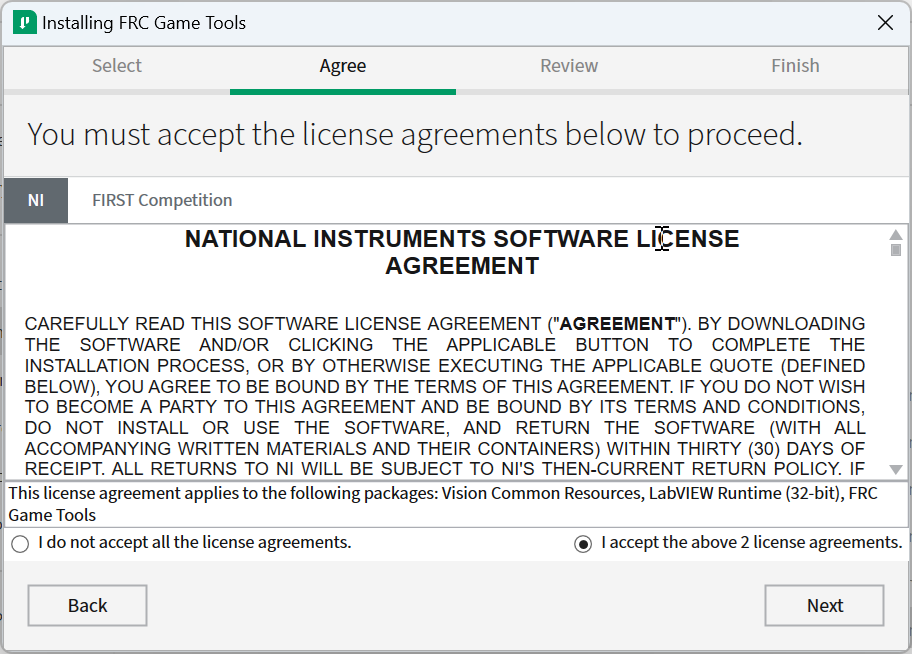 Acceptez le contrat de licence du logiciel NI.