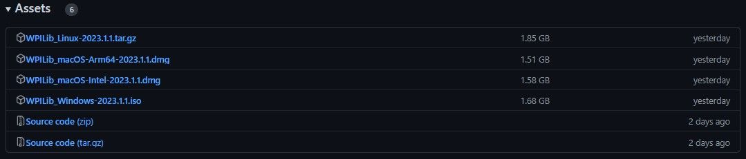 Assets at bottom of latest WPILib release page on GitHub