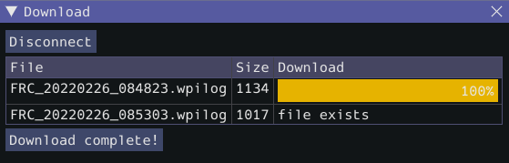 Download status showing 100% completion on the first file and a "file exists" error on the second file.