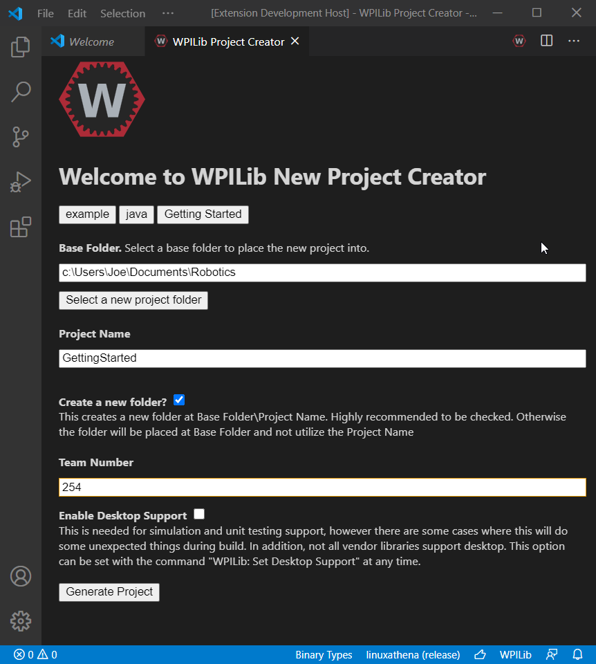 The new project creator screen filled out.