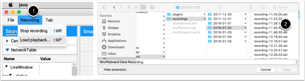 Choose "Recording" then "Load Playback" to select the file and start playback of the recording.