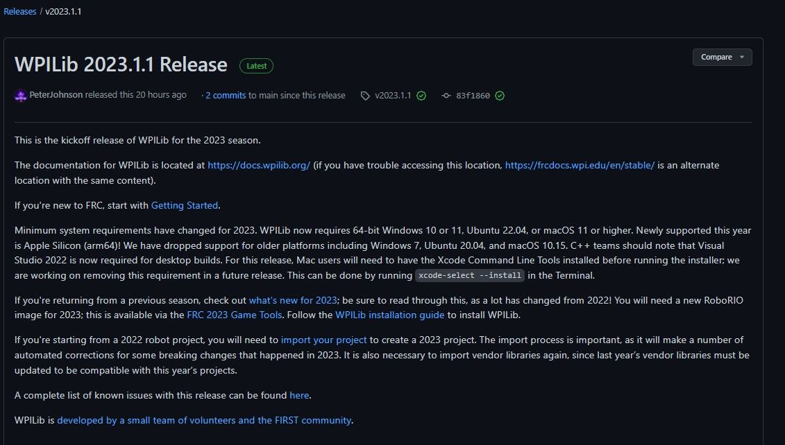 Latest WPILib release page on GitHub