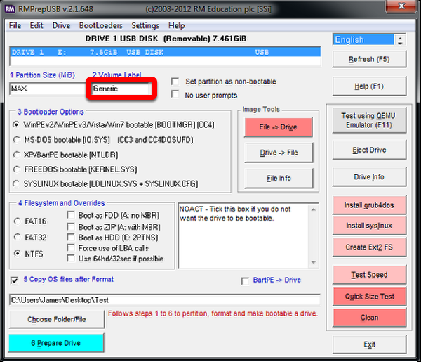 Highlights the "Volume Label" box to the right of the partition size.