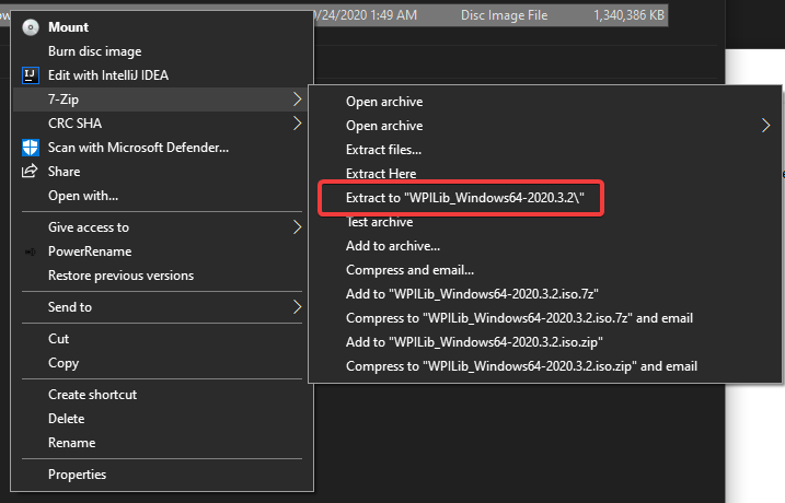 .isoファイルを右クリックし、「7-Zip」から「Extract to...」に進みます。