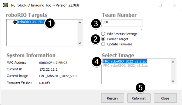 Imaging Toolのメイン画面で、ターゲットをフォーマットするためのさまざまな部分を示す数字。