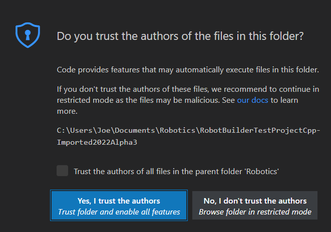 VS Codeの信頼できるワークスペースかのダイアログ。