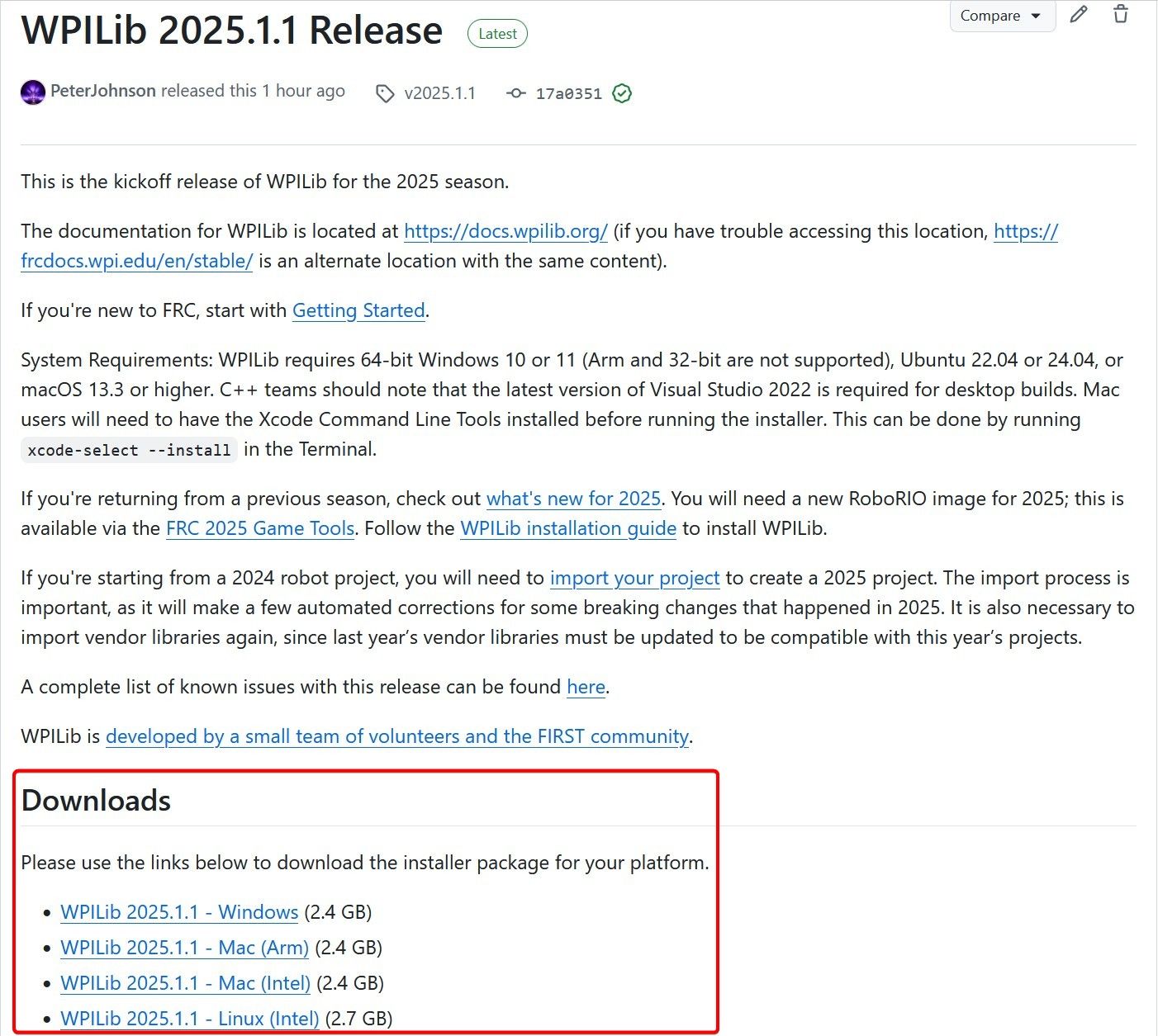 GitHubのWPILib最新リリースページ