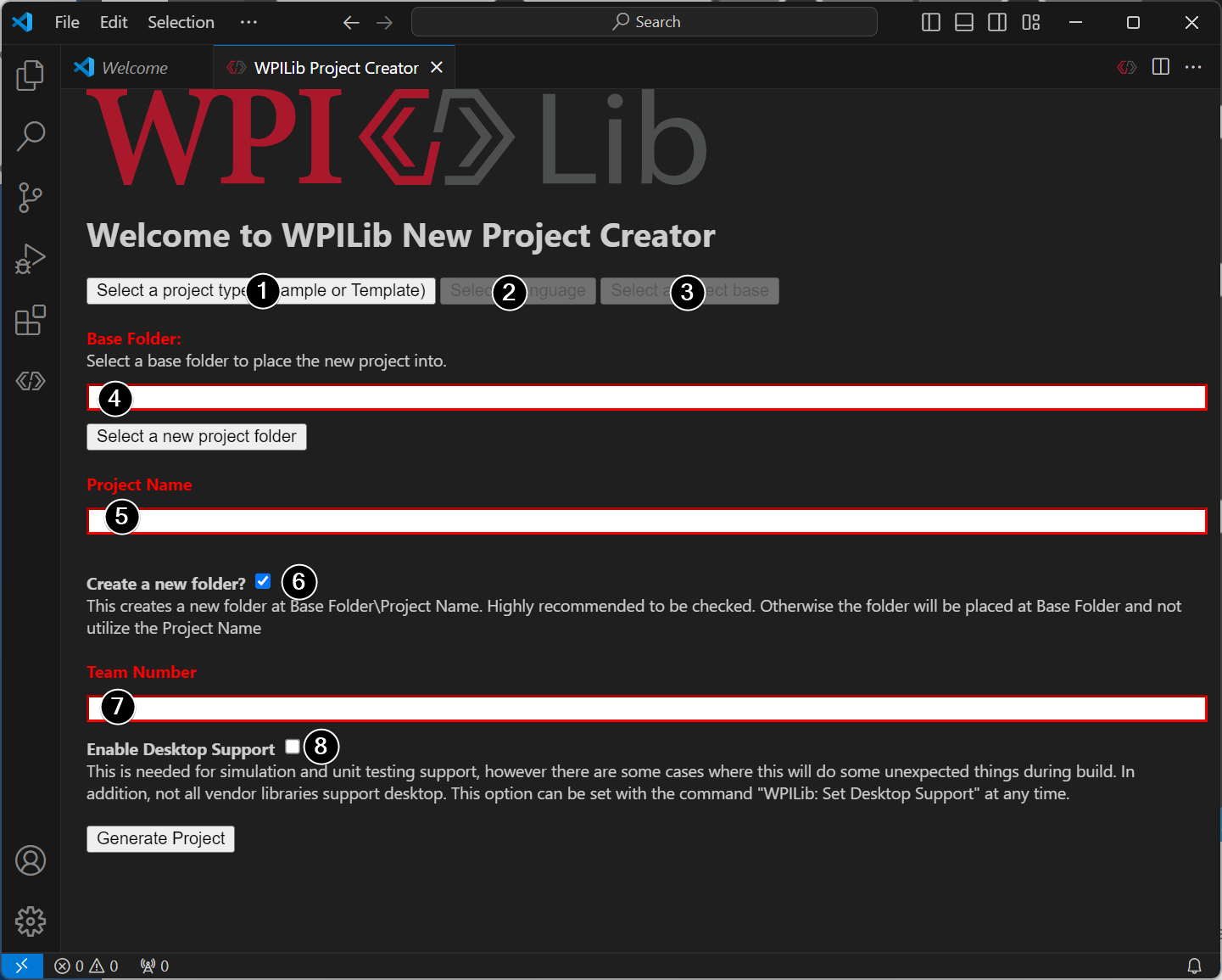 「New Project Creator」ウィンドウのさまざまな部分。