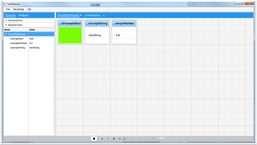 Shuffleboardに3つのウィジェットが、NetworkTablesのエントリに基づいて追加されました。