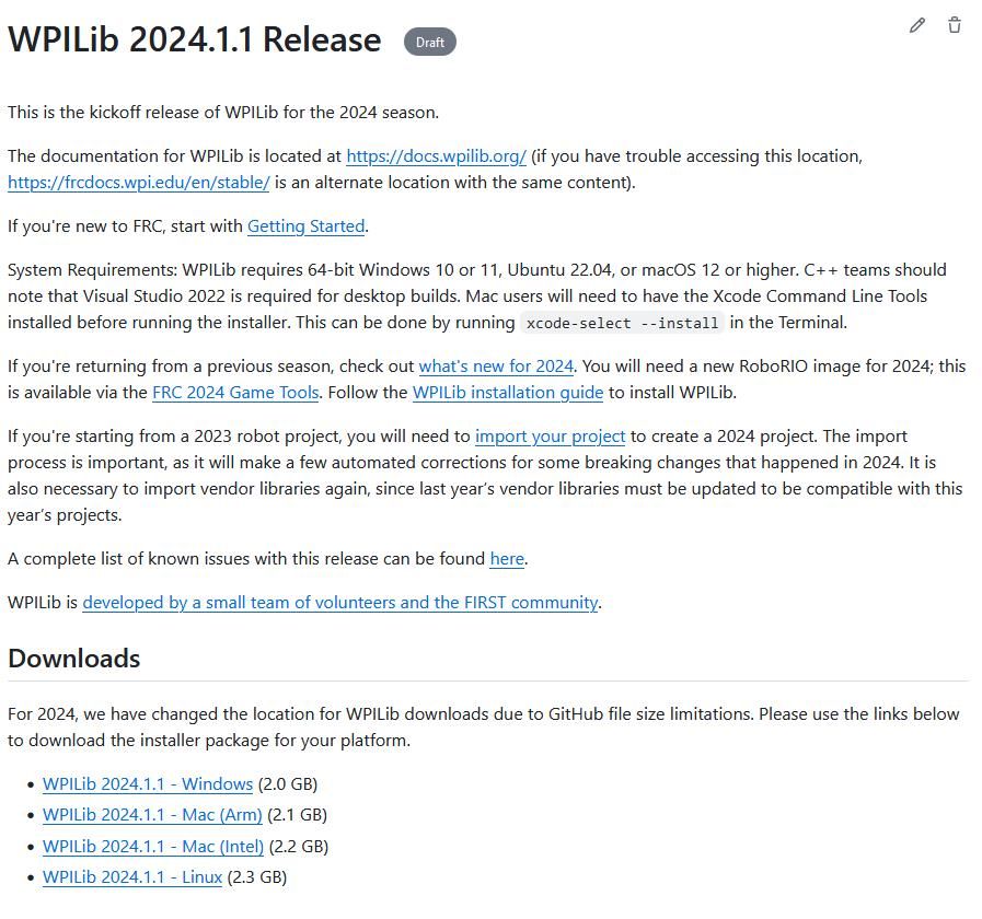 Latest WPILib release page on GitHub