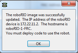 Dialog that pops up when imaging is complete listing IP address and DNS name.