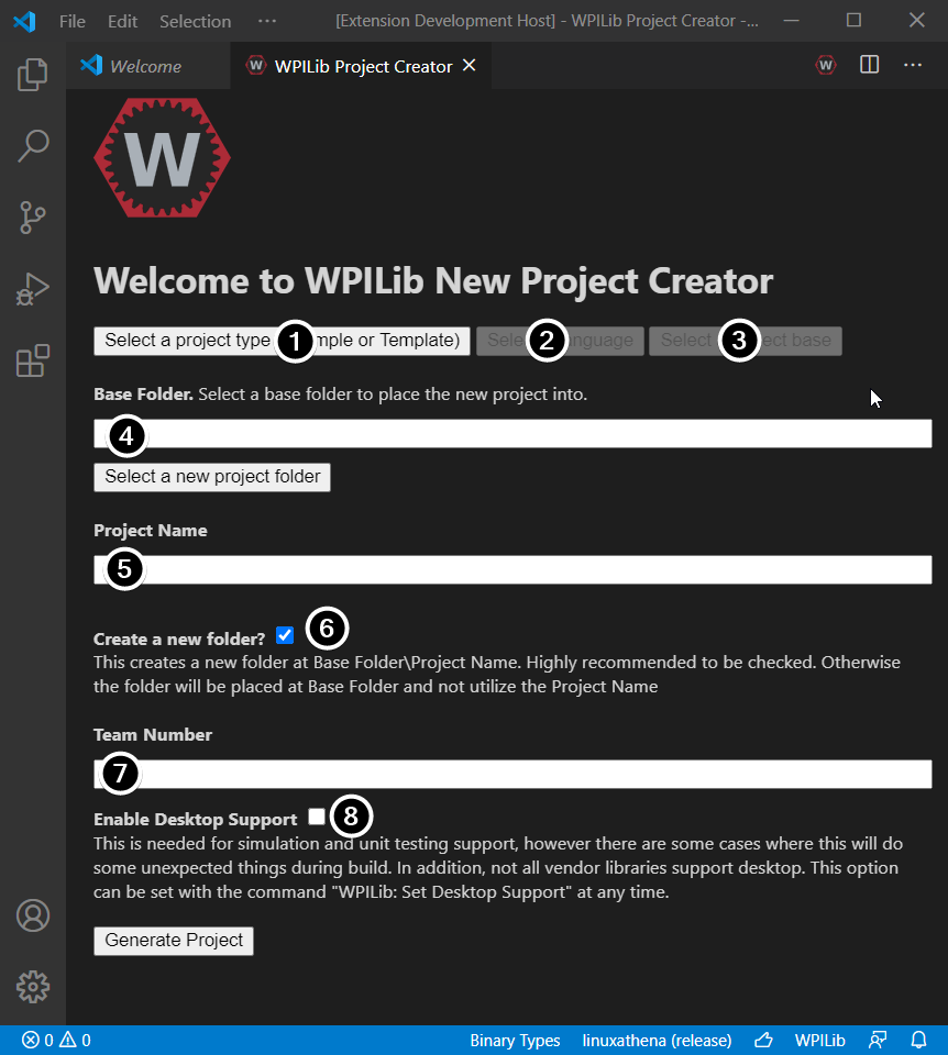 The different parts of the new project creation window.