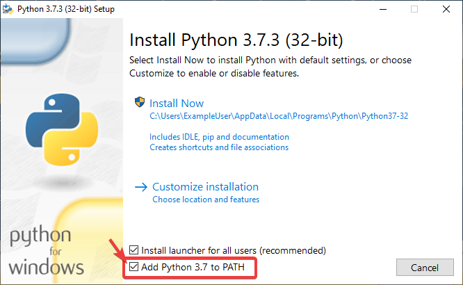 Mostrando onde clicar na caixa para adicionar Python para o PATH.