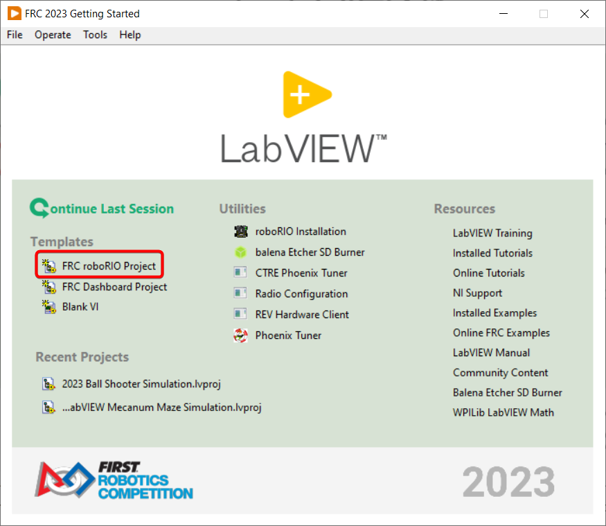 LabVIEW FRC Başlangıç Ekranı