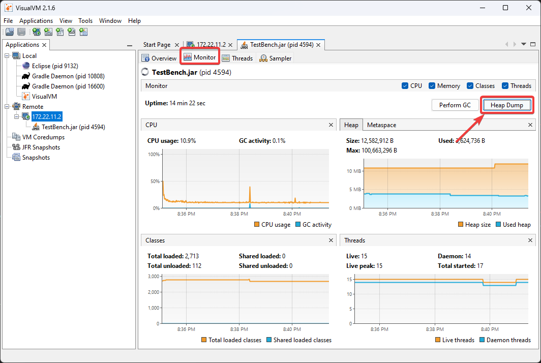 Location of heap dump button in VisualVM