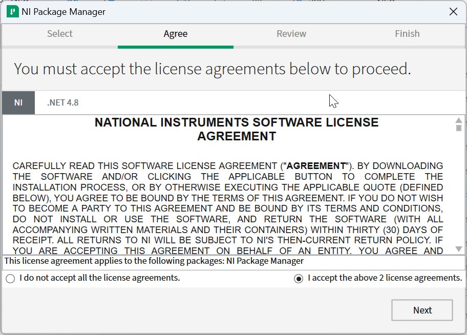 接受 NI Package Manager 的许可协议。