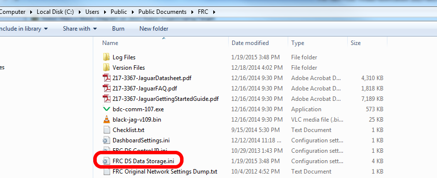 在 Windows 资源管理器中突出显示“FRC DS Data Storage.ini”文件。